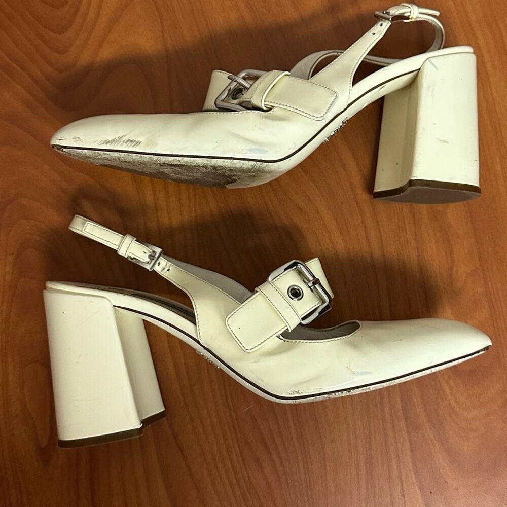 Prada Off White Patent Leather Mary Jane Slingback Block Heel Pumps Size 37.5 - Picture 4 of 16